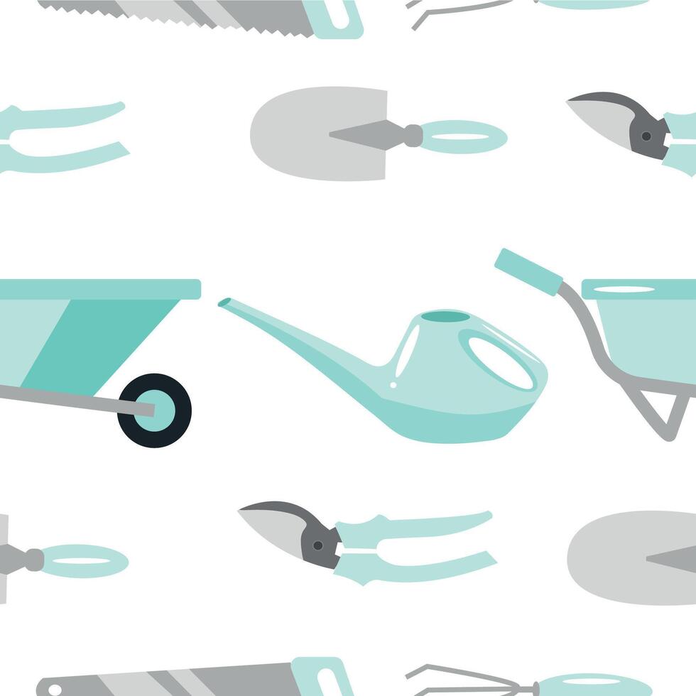 seamless pattern with various garden tools namely different shovels, rakes and scissors in blue color on white background, for packaging or textile vector
