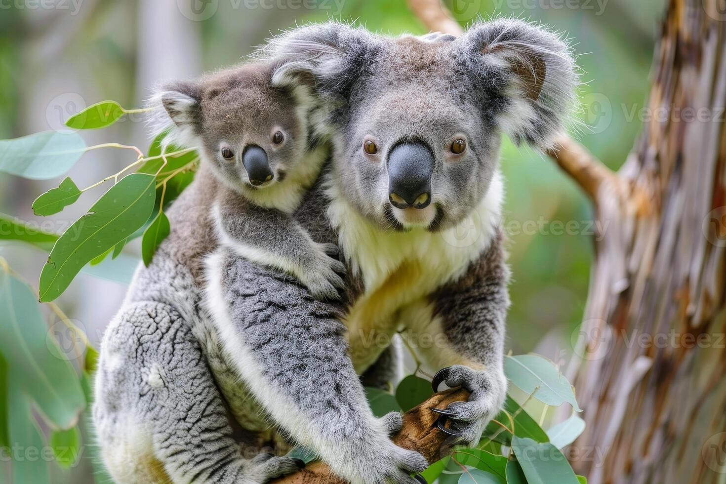 A mother koala is holding her baby on a tree branch photo