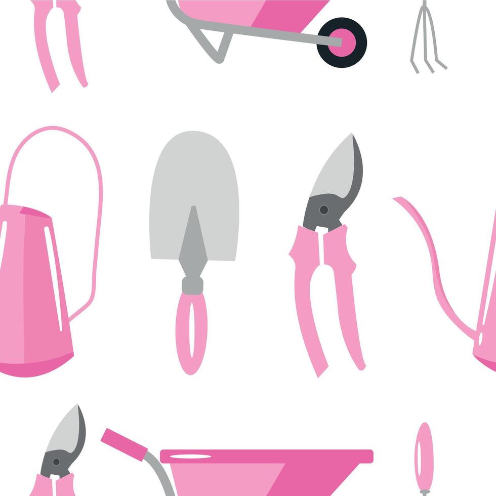 seamless pattern with various garden tools namely different spades, rakes and scissors in pink color on white background, for packaging or textile vector