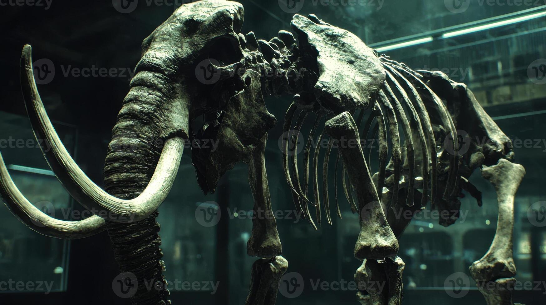 A mammoth skeleton is displayed in a museum photo