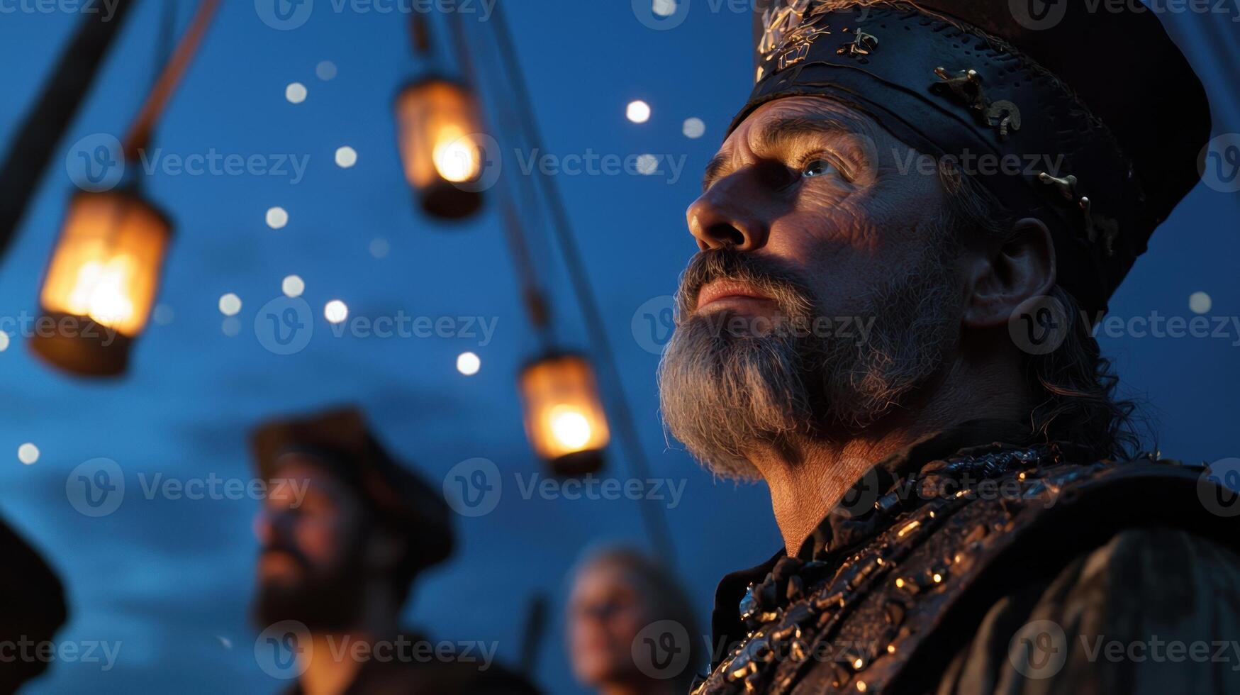 A man with a crown and a beard is standing in front of a group of people photo