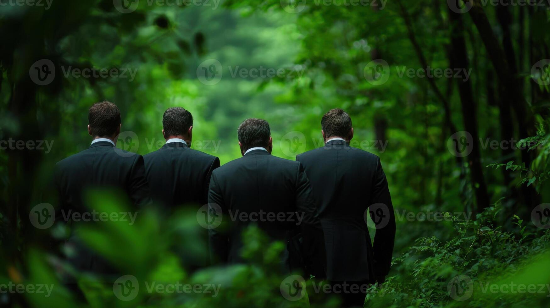 Three men in suits walking through the woods photo