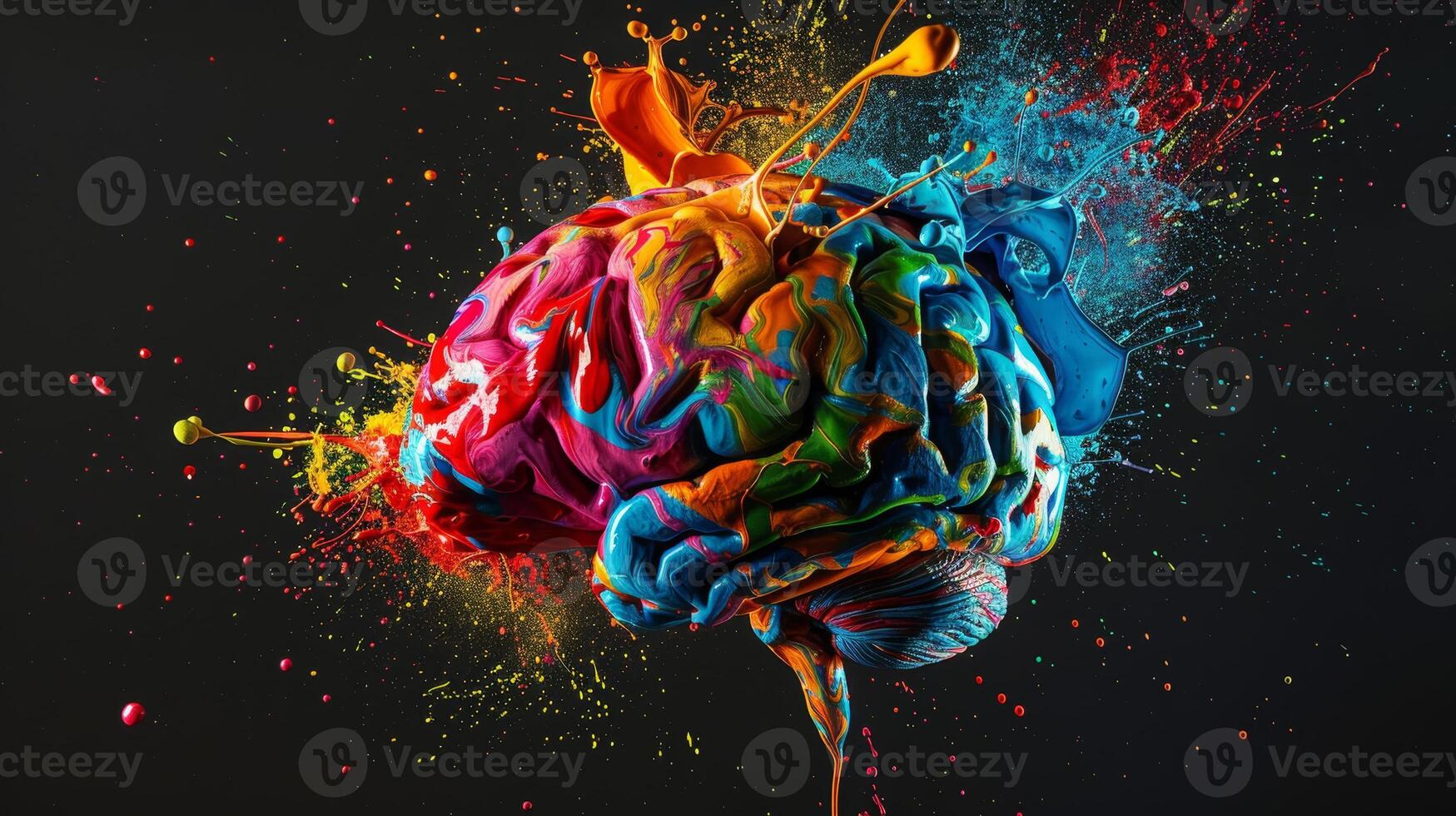 Colorful brain with splashes of paint on black background photo