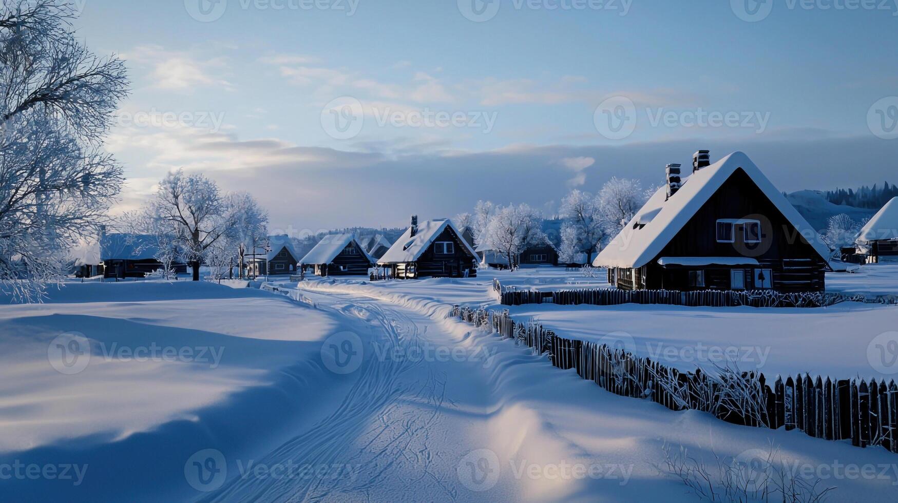 A snowy landscape with a road and houses photo