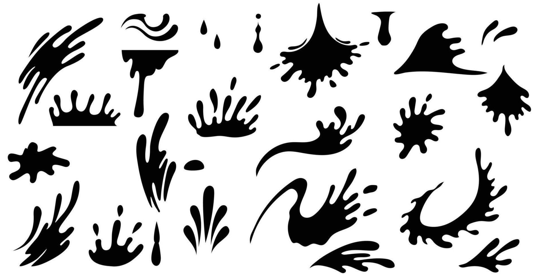 Water splash silhouettes, ink drops, falling water, spray, tears, paint spill, aqua splatter, aqua, ripples vector