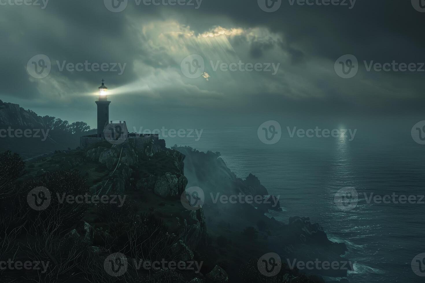 A lighthouse is on top of a cliff with a dark sky photo