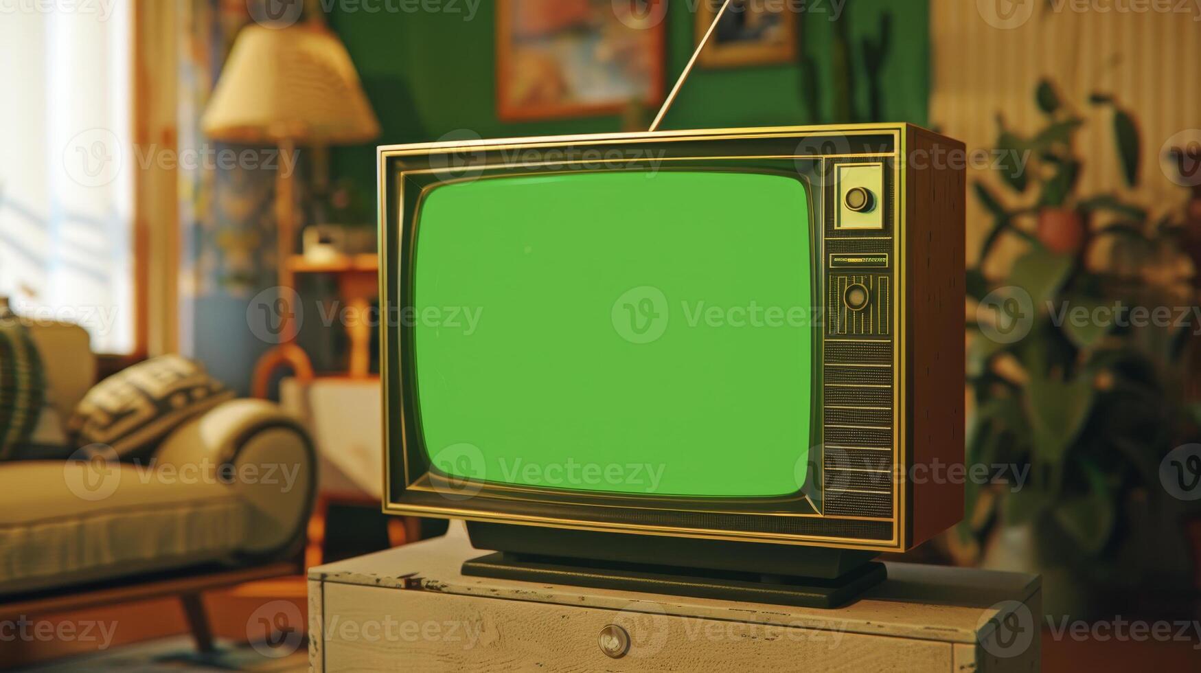 An old television with a green screen in a living room photo