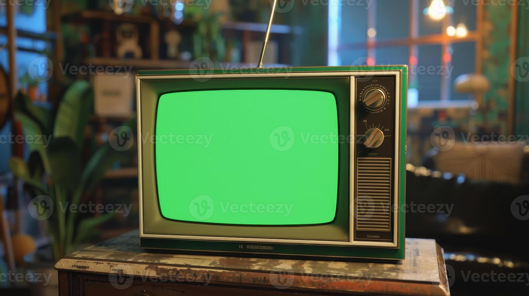 An old television with green screen in a room photo