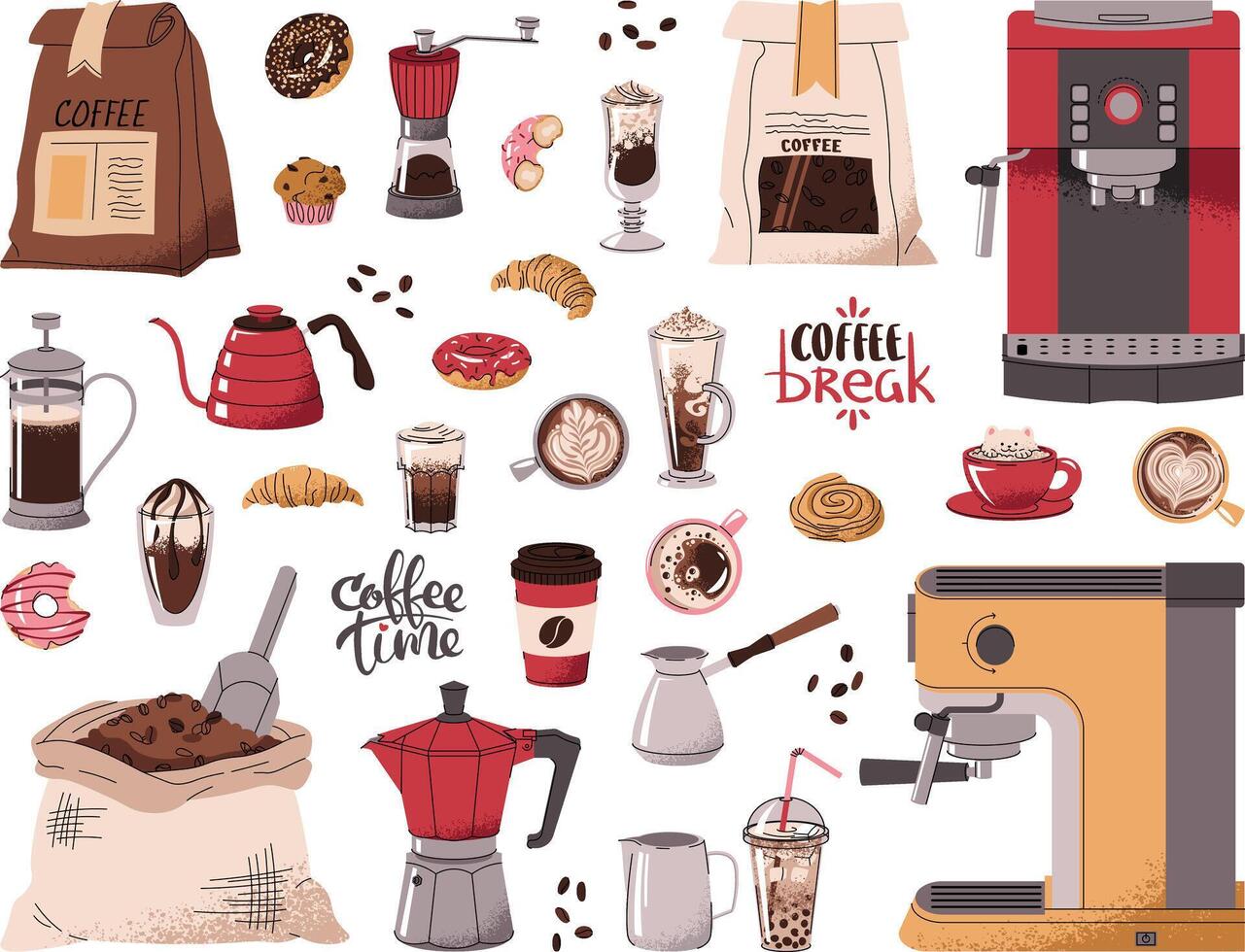 Coffee items set. Elements of coffeeshop. Coffee machines, beans grinder, coffeepots. Various coffee drinks and desserts. Flat illustrations isolated on white background vector