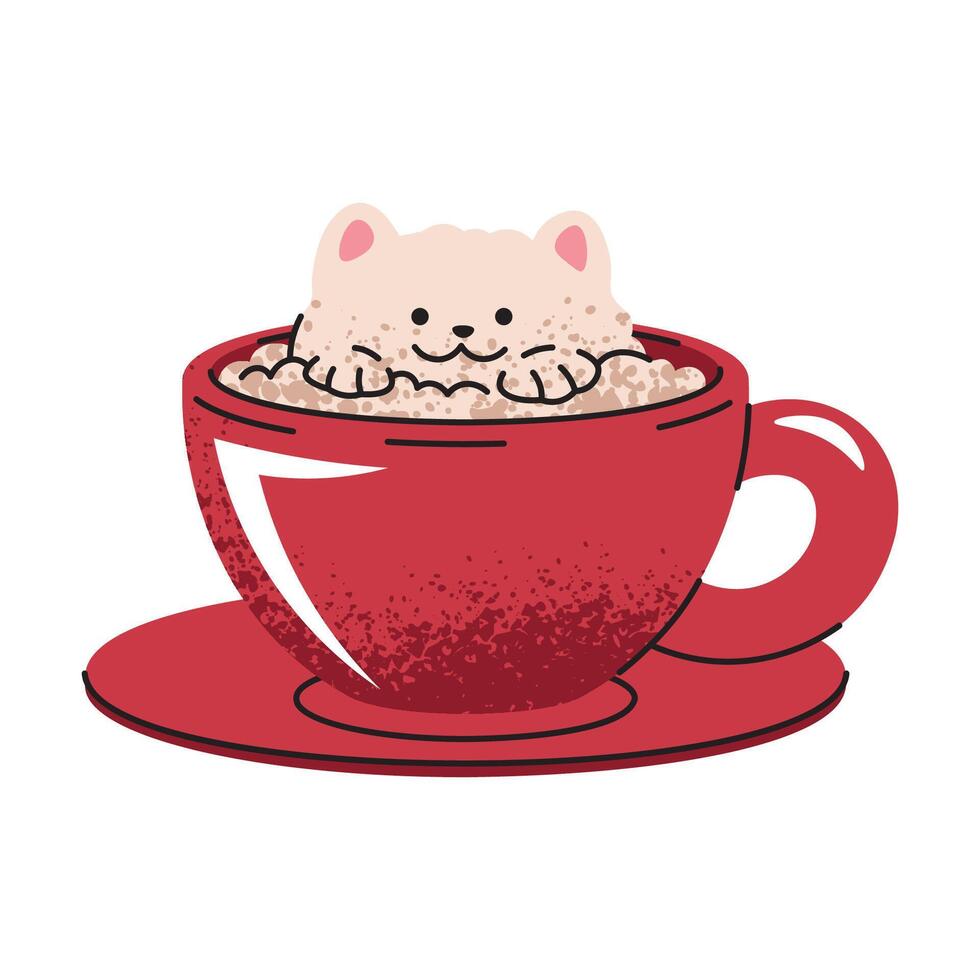 Cup of coffee with a cute kitten made of foam. Kawaii design of a coffee drink. Espresso, americano cup, cappuccino and latte in glasses. Flat cartoon illustration isolated on white background. vector