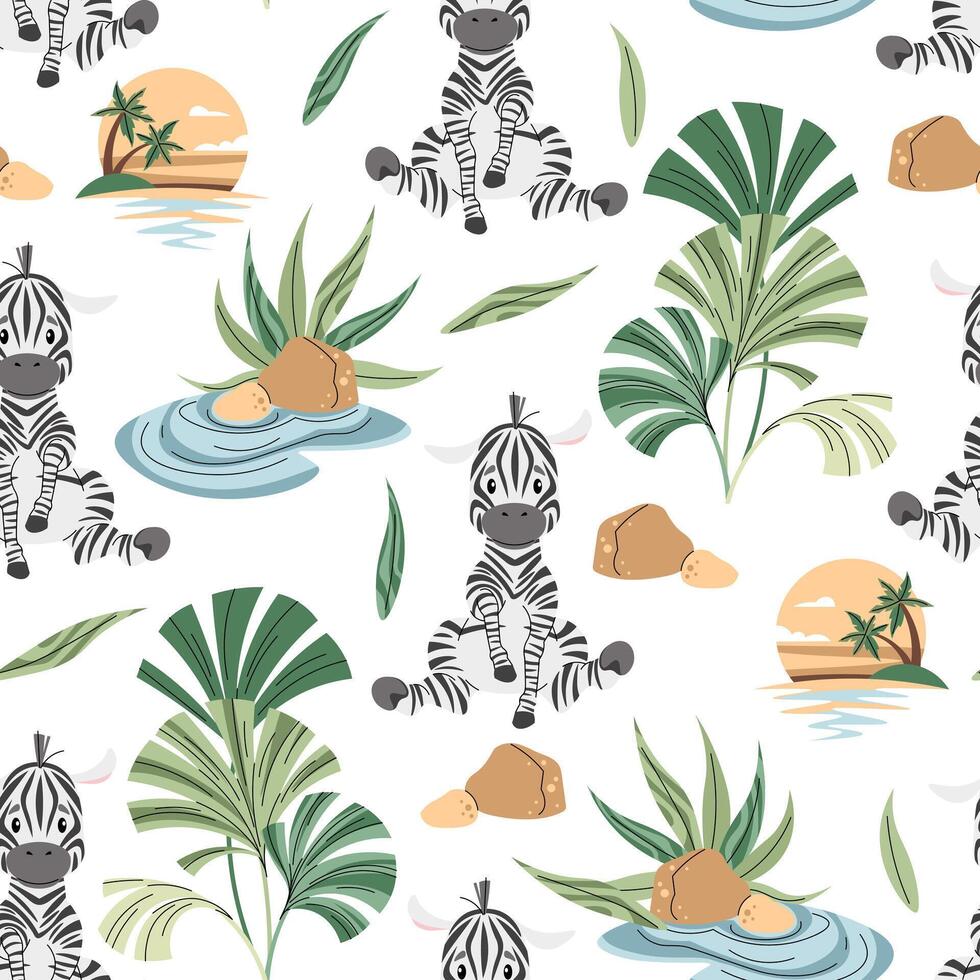 Seamless pattern with African animals. Cute children s texture with zebra, sunset, plants. illustration for children vector