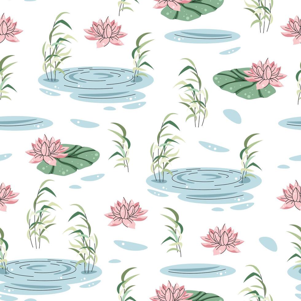 Seamless pattern with pond and reeds. Cute childish texture from a water lily pond. illustration for children s wallpapers, backgrounds, fabric, etc. vector