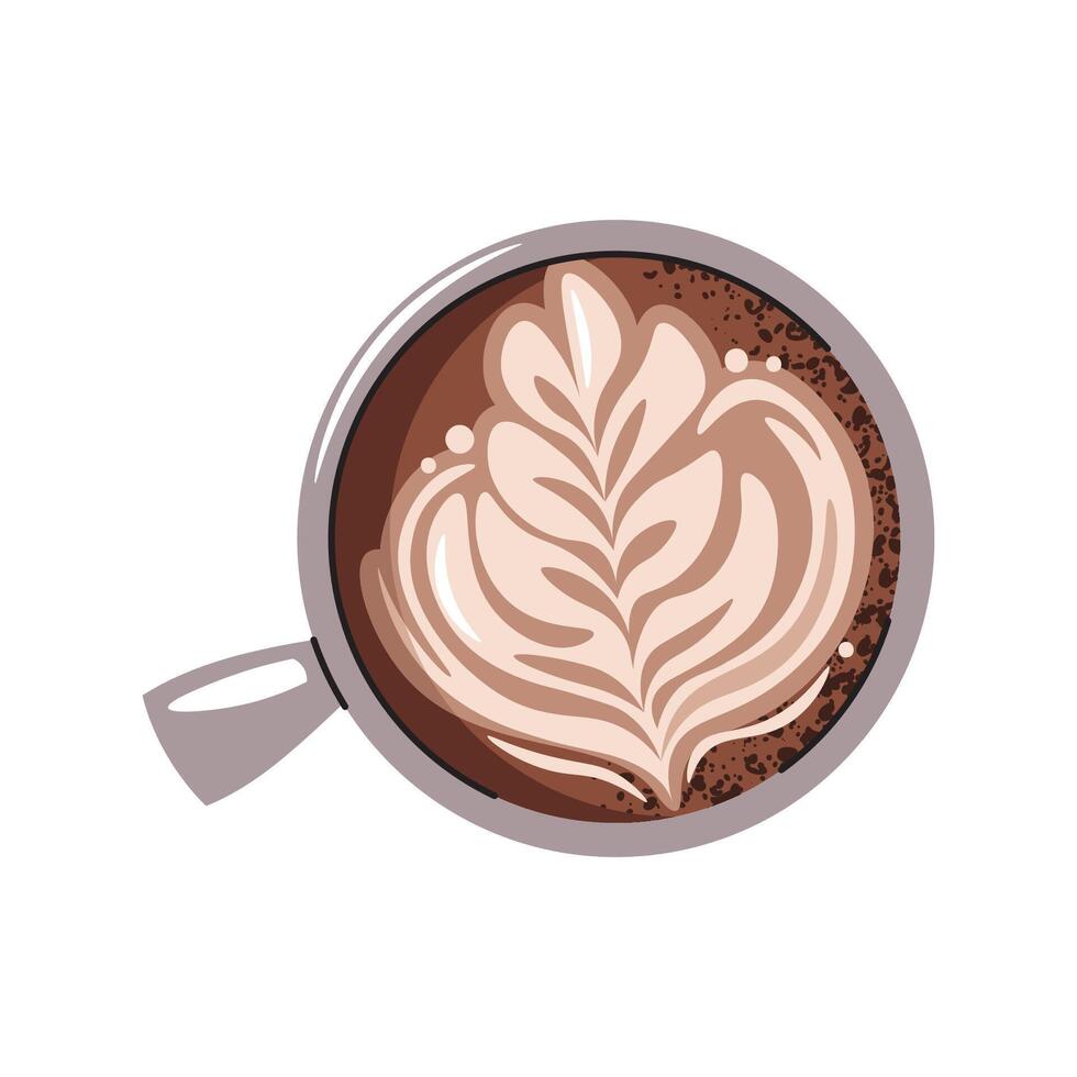 Cup of coffee, top view. Latte, cappuccino, americano. Hot coffee drink with a picture in a mug. Flat cartoon illustration isolated on white background vector