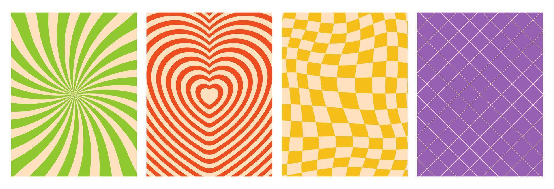 Groovy hippie set of twisting, heart tunnel, psychedelic checkerboard backgrounds. Twisted and distorted texture posters, templates in groovy style vector
