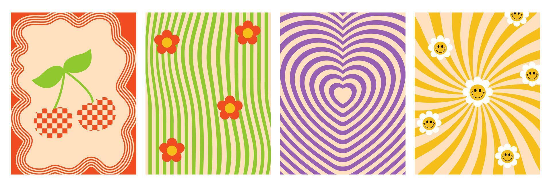Hippie psychedelic backgrounds set. Groovy checkered posters with cherry, waves, flowers, heart tunnel. Twisted and distorted cover in retro style. vector