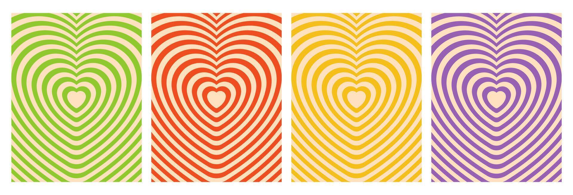 Retro vertical backgrounds collection with hypmotic effect heart tunnel. Groovy posters, romantic psychedelic covers design in 90s. vector