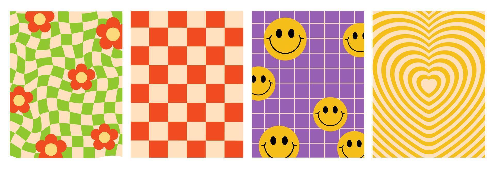 Groovy posters, covers collection for social media. Twisting ckerboard with flowers, heart tunnel, happy psychedelic checkered backgrounds. vector