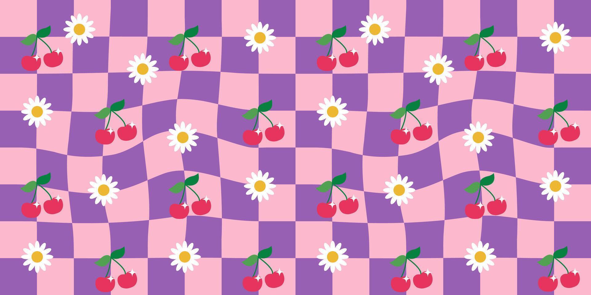 Groovy checkered background with 2000s cherry and daisy design elements. Seamless pattern in retro style. Y2k print illustration for textile, wrapping paper, fabric, wallpaper, cover. vector