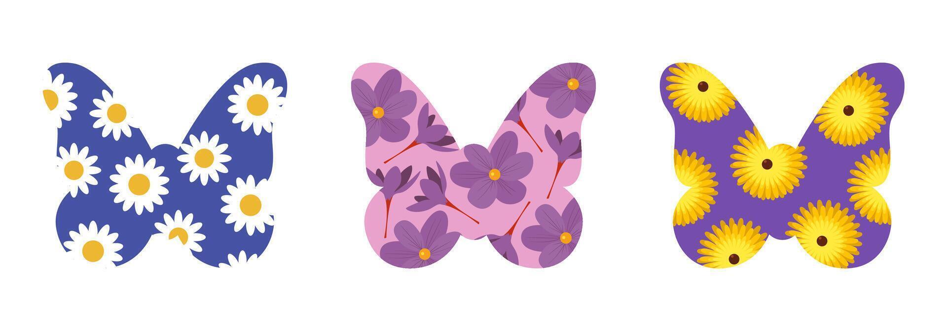 Set of butterfly shape with flowers inside. Beautiful floral collage with daisies, crocus, aster design elements. Retro illustration for cards, posters, stickers, icon. vector