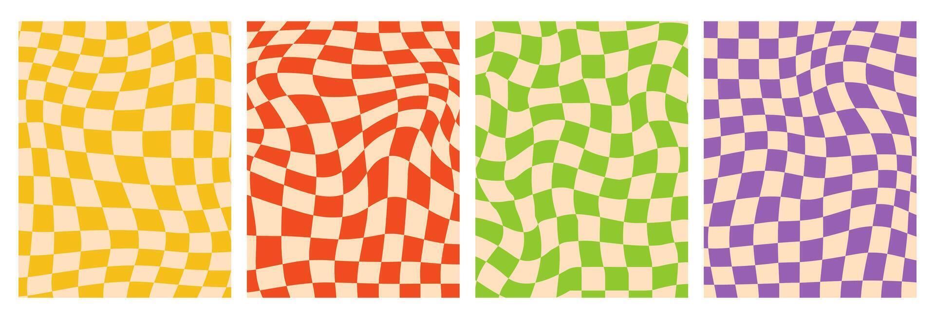 Psychedelic checkerboard backgrounds in groovy style. Yellow, red, green, violet colors chessboard illustration. Retro posters collection with distorted grid tile for print, design templates. vector
