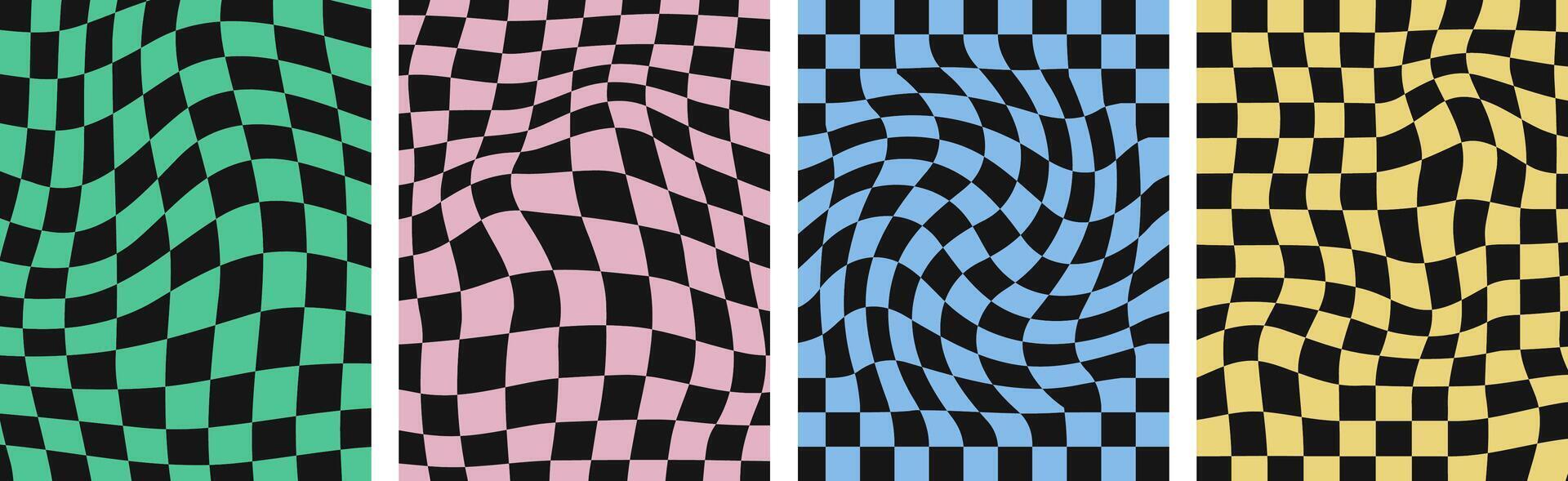 Pastel mosaic cover collection. Psychedelic checkerd backgrounds, groovy posters, retro templates for social media design. vector