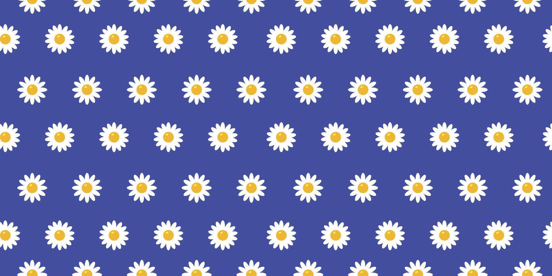 Daisy flower seamless pattern in flat style. Floral art print illustration on blue background for textile, wrapping paper, fabric, wallpaper design, cover. vector