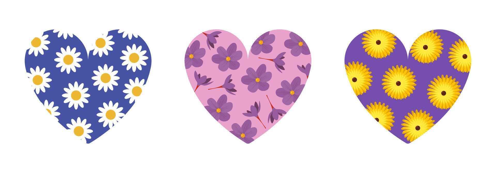 Collection of heart silhouettes with flowers inside. Retro floral collage with chamomiles, crocus, aster elements for design cards, posters, stickers, icon. vector