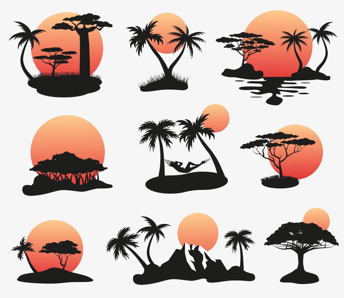 Waiting for summer. Sea and beach. Tropical set. Silhouettes of palm trees on the island. vector