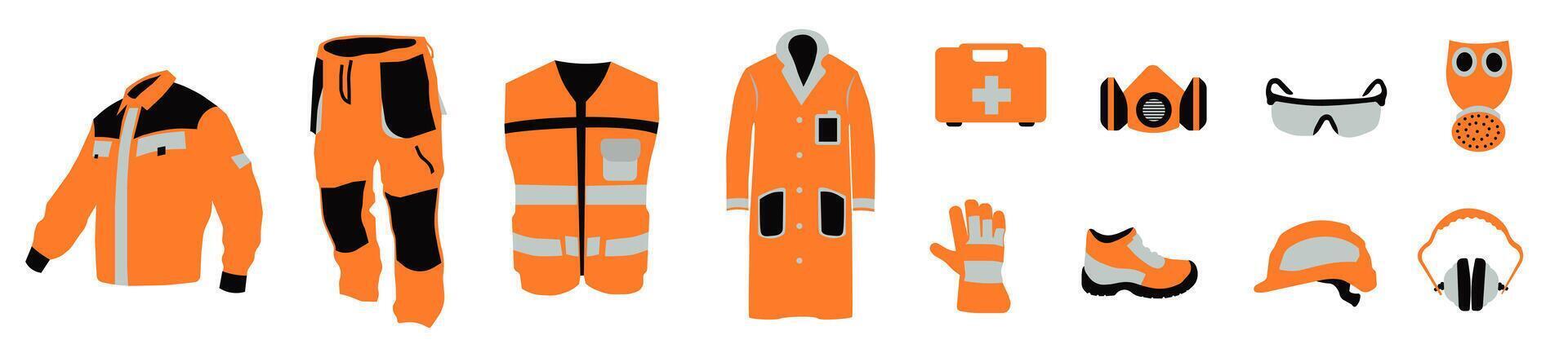 Working uniform. Professional protective clothing, boots and safety helmet. Various items of special protective clothing. vector