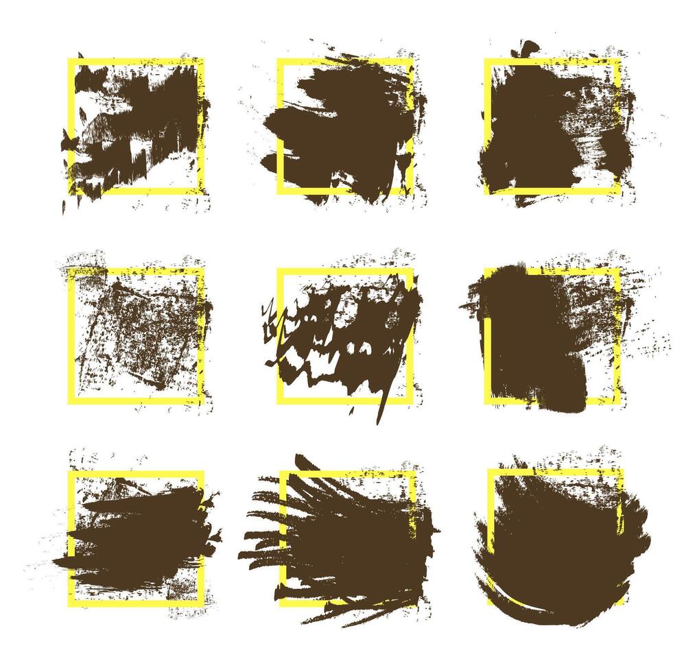 An element of dirty artistic design in the frame. Brown paint, stroke, brush with yellow frame. vector