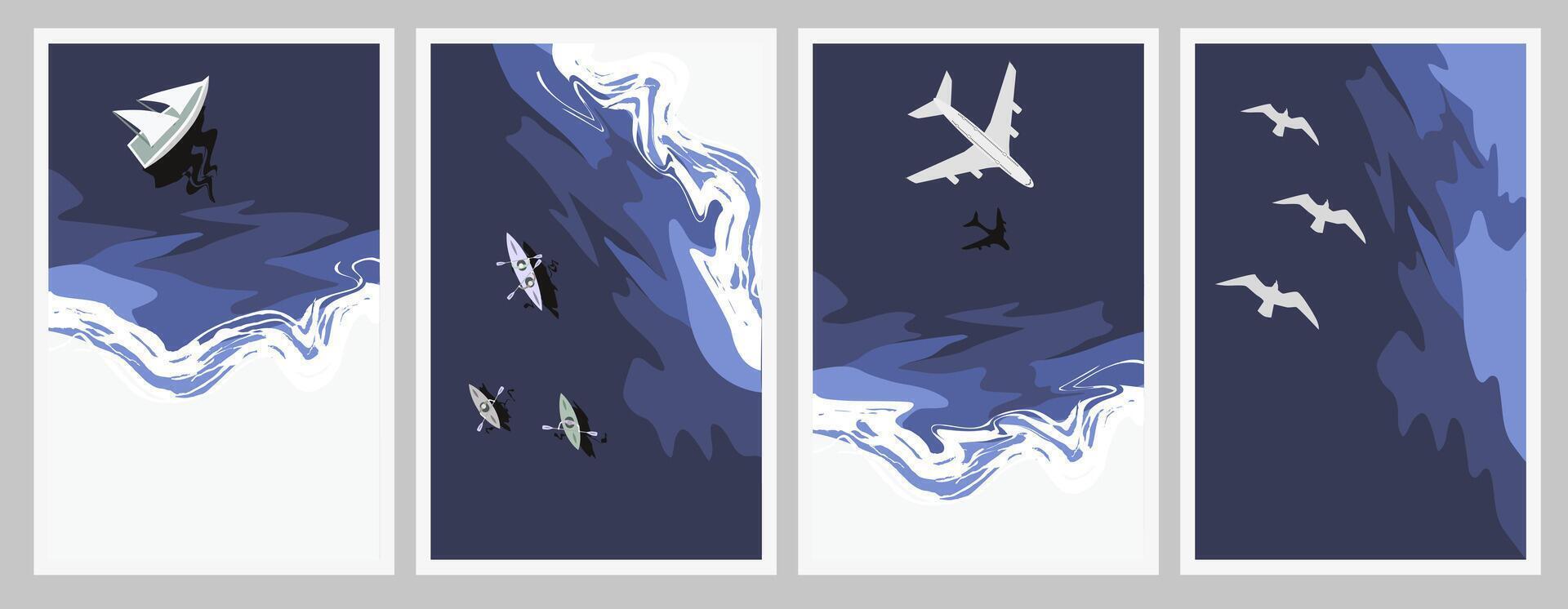 Travel concept. Top view of the seashore. Ocean waves from a bird's eye view. Coastline. EPS 10. vector