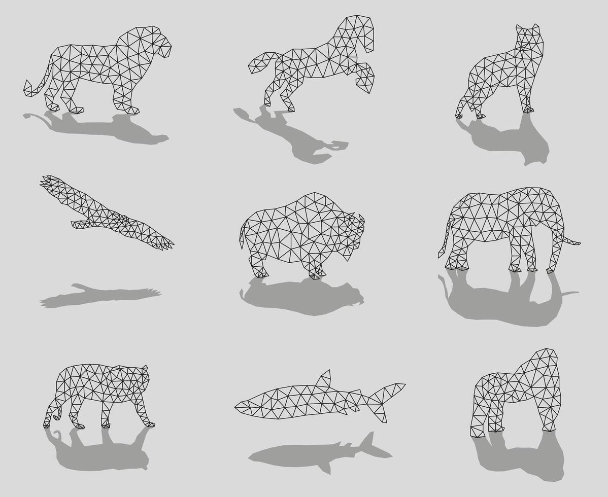 Polygonal silhouettes of animals. Triangulation of wild animals, birds and fish with shadow. vector