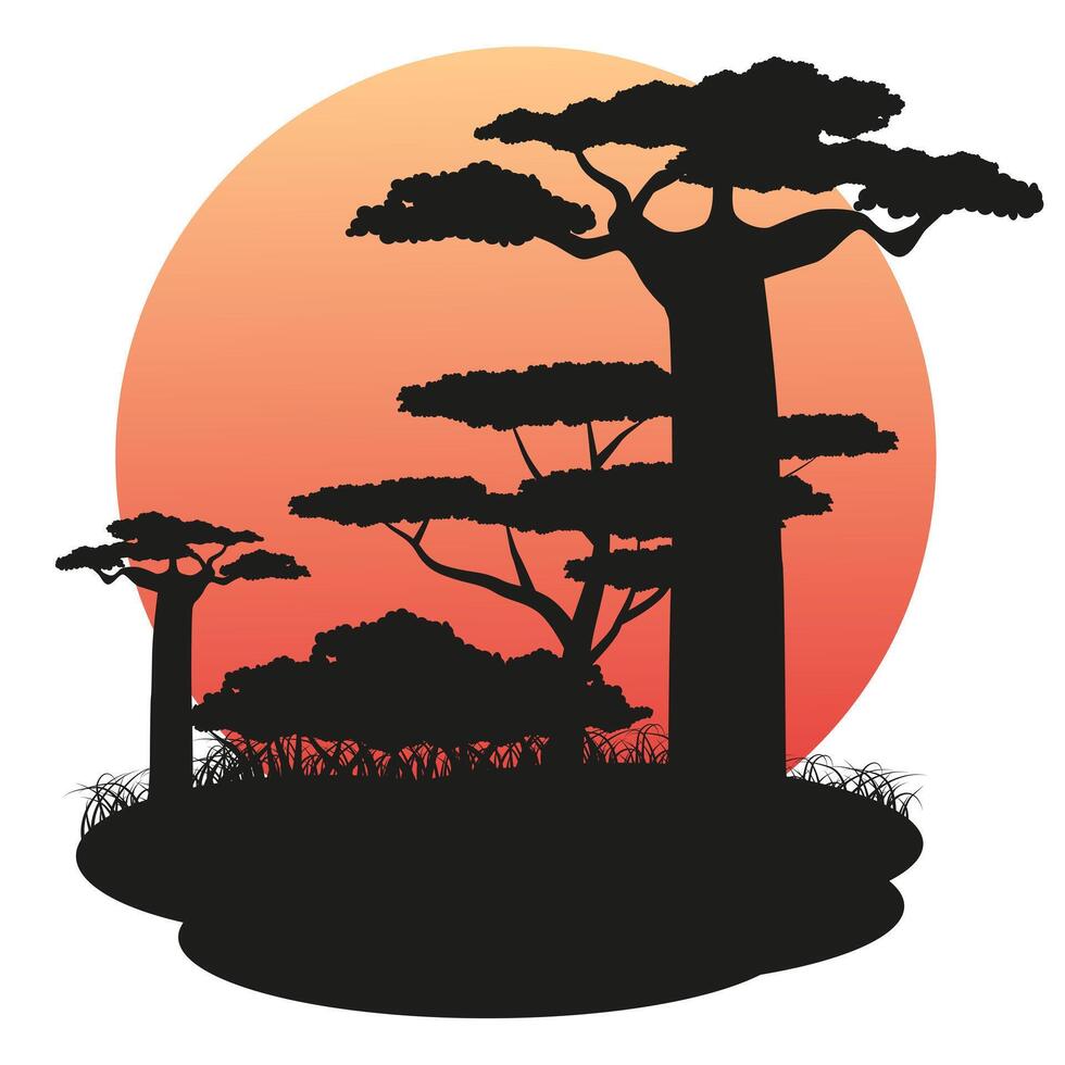 Summer landscape. Sea and beach. Tropical set. Silhouettes of palm trees on the island. vector