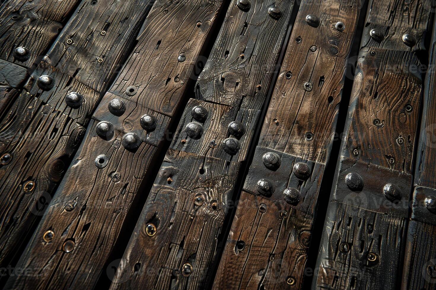 A close up of a wooden door with rivets photo