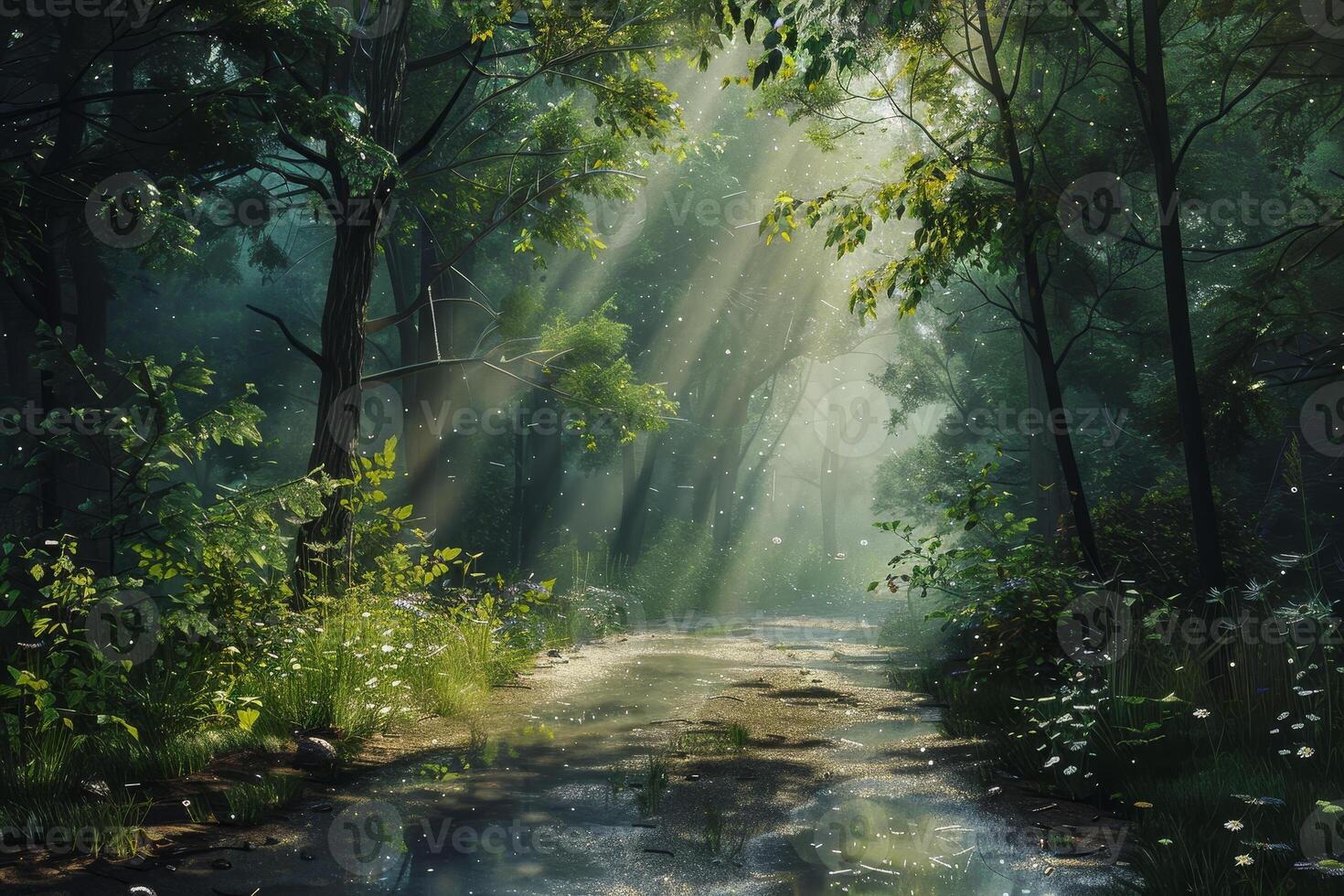 A painting of a forest with sunbeams shining through the trees photo