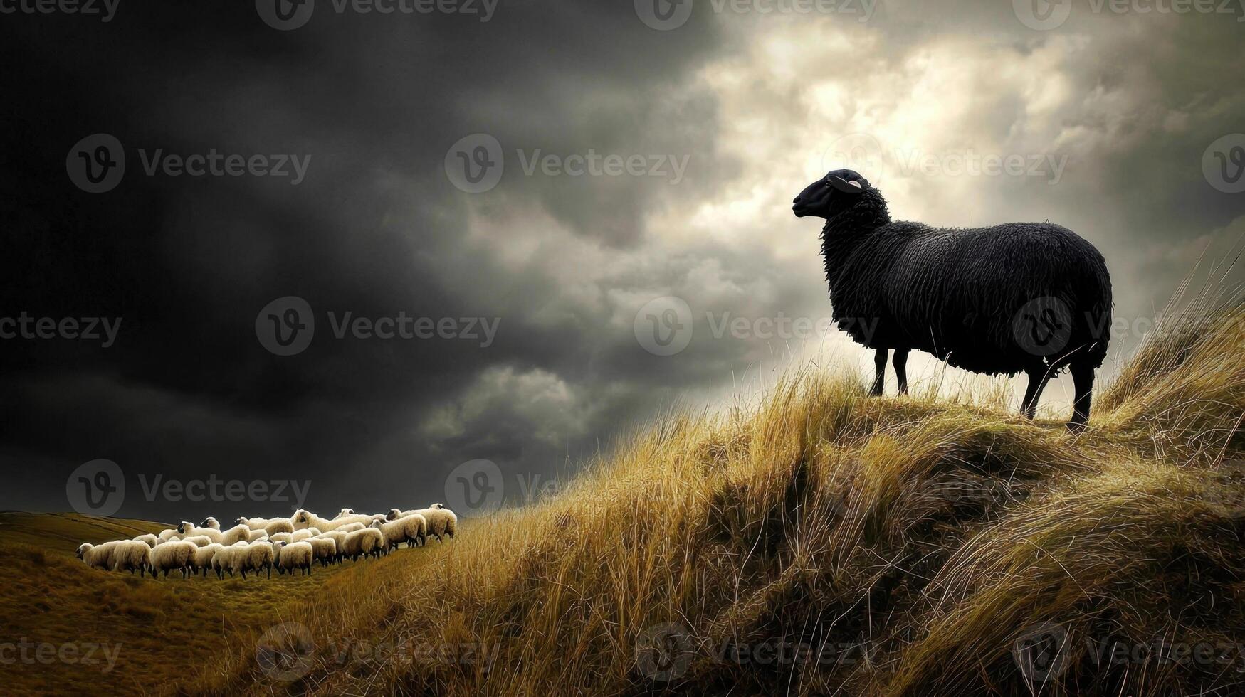 A black sheep stands on a hill with a flock of sheep photo
