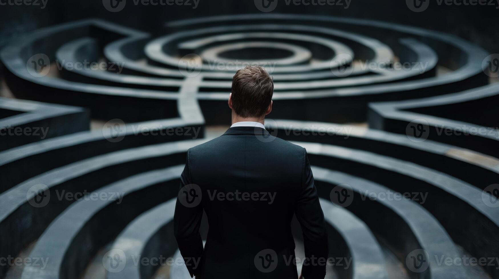 A man in a suit stands in front of a large circular maze photo