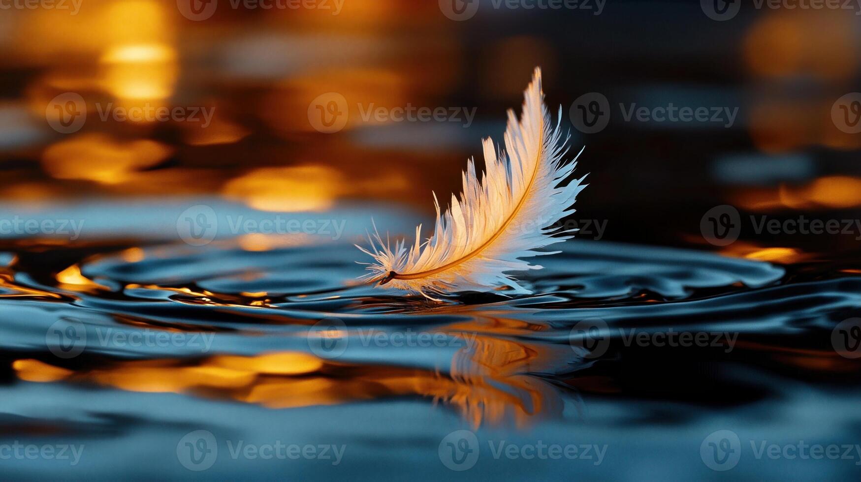 A feather floating in water with a reflection photo