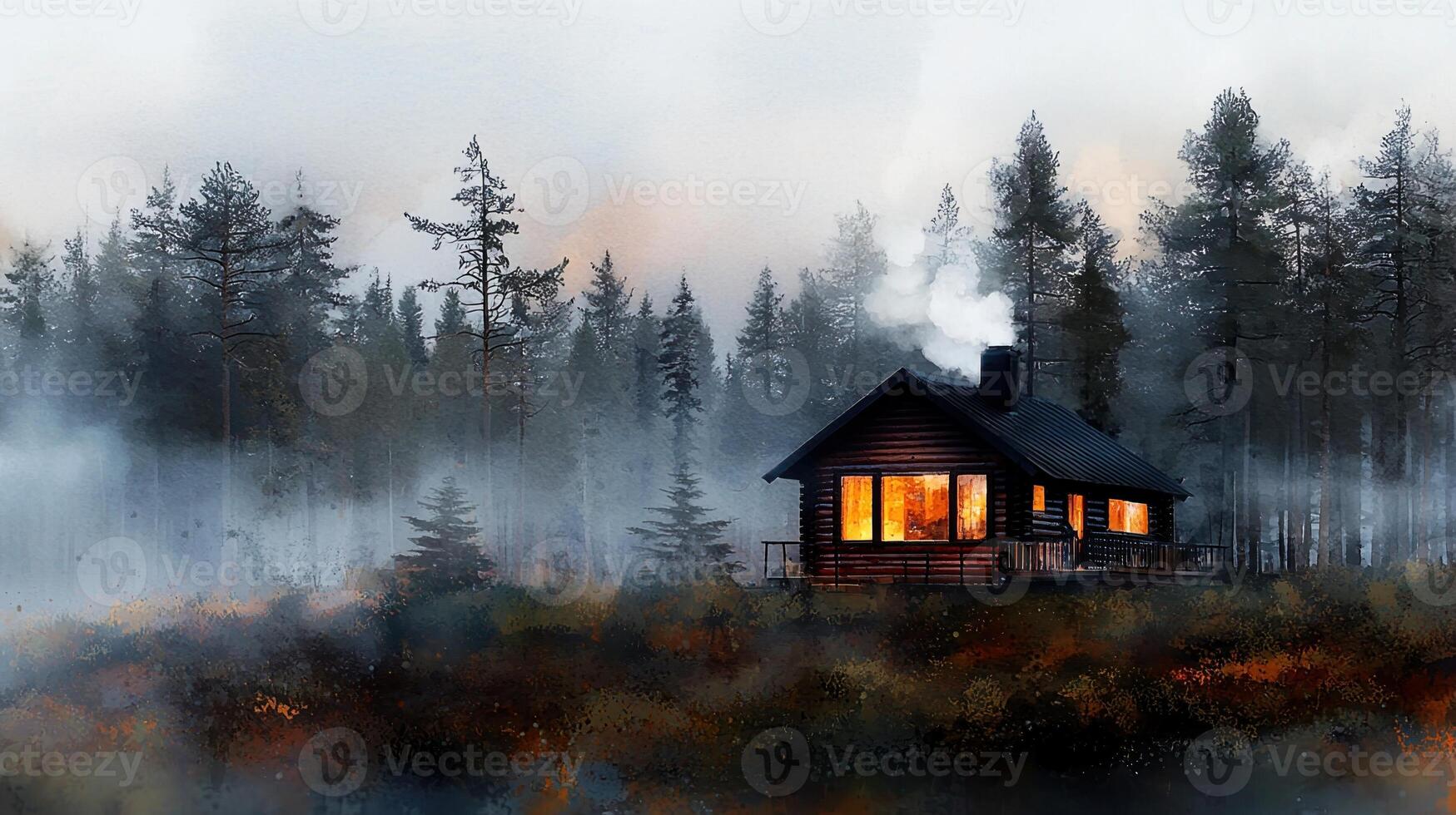 A painting of a cabin in the woods photo