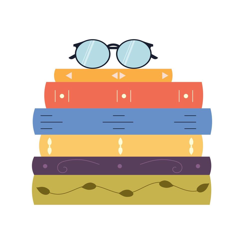 Vertical stack of books with glasses. World Book Day. Education concept. Simple funny clipart isolated on white background. Book festival. vector