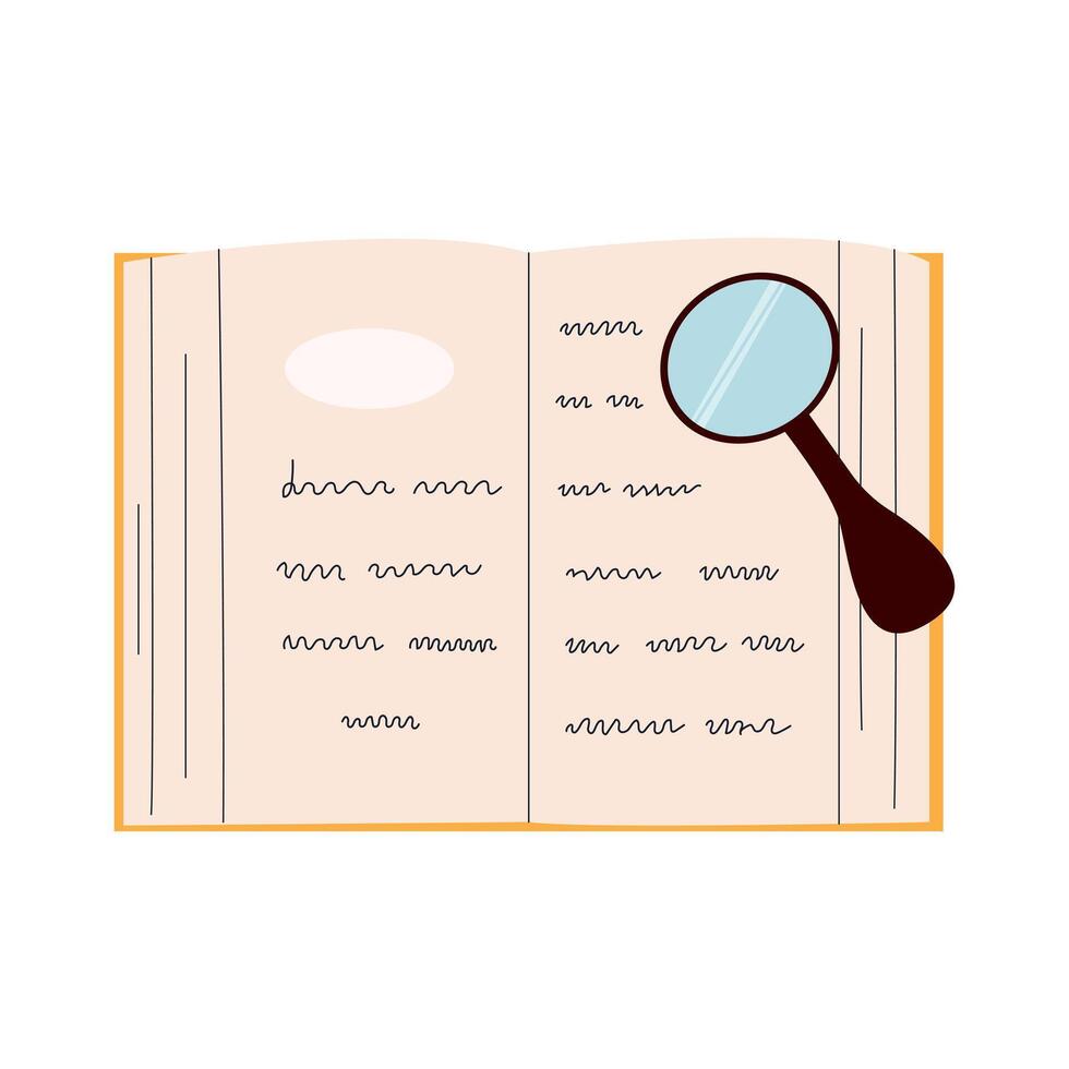 Open book with magnifying glass for reading. World book day. Education concept. Simple funny clipart isolated on white background. Book festival. vector