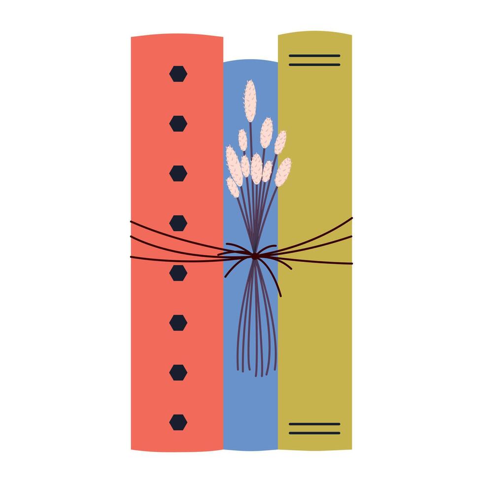 Stack of books tied with a cord with a herbarium. World Book Day. Education concept. Simple funny clipart isolated on a white background. Book festival. vector