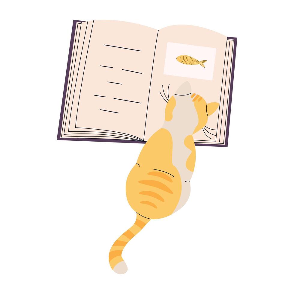 Cute cat sitting over an open book. World Book Day. Education concept. Simple funny clipart isolated on white background. Book festival. vector