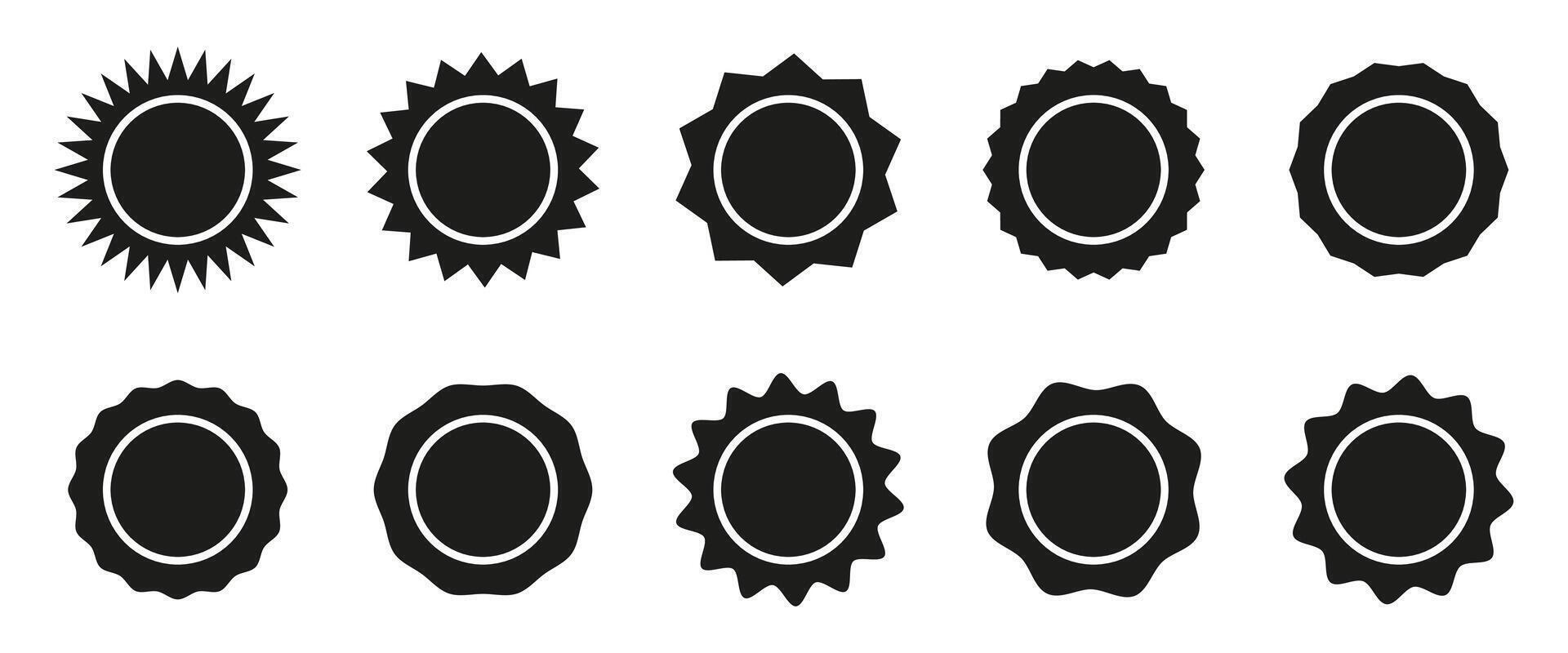 Circle sticker set. Wavy edge promo black badges. Star burst shape tags for price. Blank round sale stickers. Simple silhouette icons. Flat vintage labels. Circle black wax seal. Graphic illustration. vector