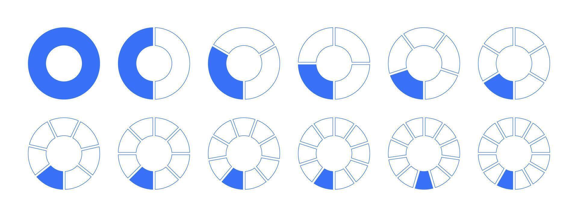 Circles divided diagram from 1 to 12 equal parts icons. Graph pie, pizza shape section charts. Coaching blank templates. Set of segments wheel round divide infographic design elements. vector