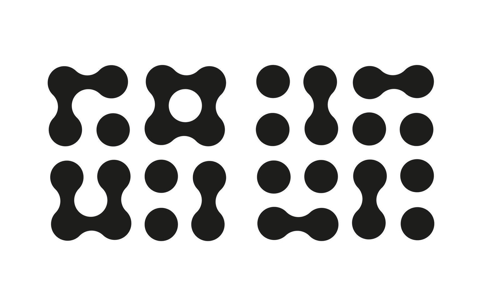 Connected dots signs. Innovation abstract flat symbol. Circles organic patterns. Metaball icon. Point movement mockup. Connected blobs template. Metaballs transition layout. Set of simple logos. vector