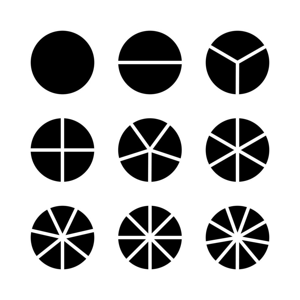 Diagram wheel parts from 1 to 9. Coaching blank. Pie chart template. Sectors divide the circle on equal parts. Black minimalist graphics. Pizza, pie segmented charts set. Segments flat infographic vector