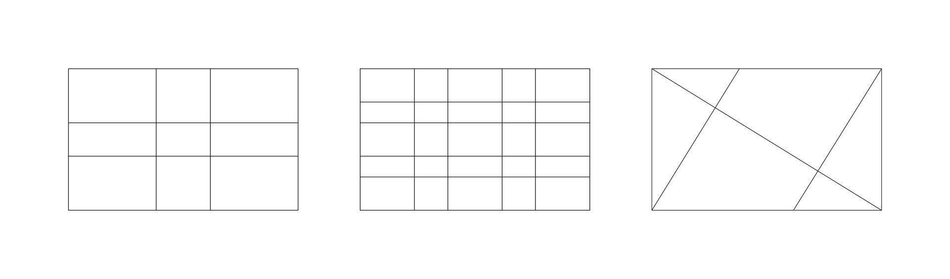 Set of golden ratio templates. Method golden section design elements. Fibonacci array, numbers, shapes. Harmony proportions frames pattern. Outline graphic flat illustration. vector