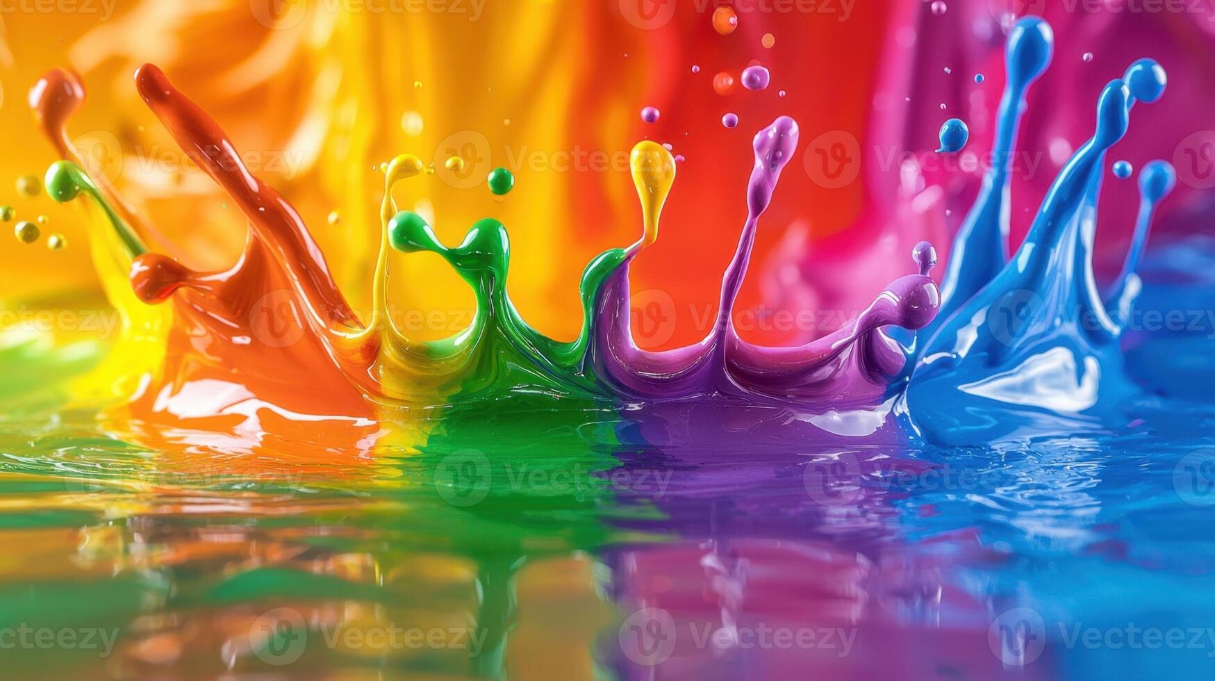 Vibrant splashes of multicolored paint rise from a calm surface, reflecting shades of a rainbow, creating a dynamic and artistic display of color and motion photo