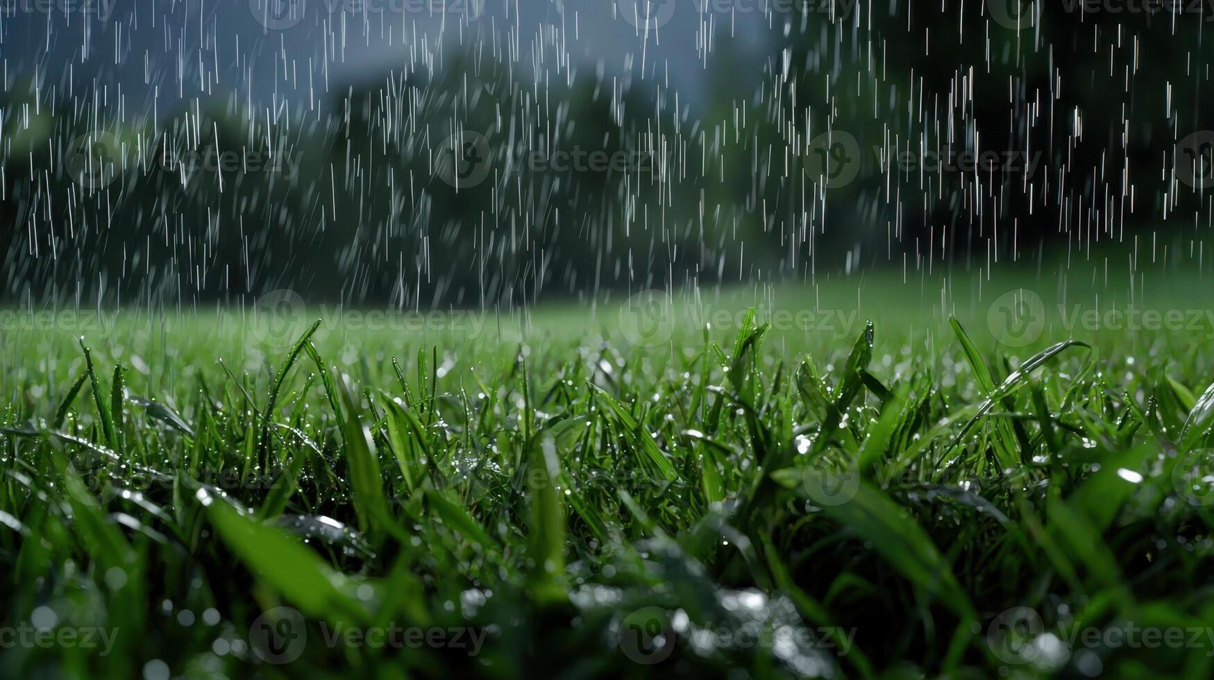 Rain falling on grass in the middle of the night photo